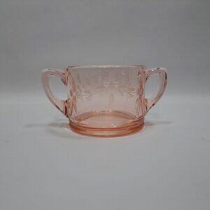 Pink Depression Double Handled Open Sugar Bowl Etched Floral Decor 30s Vintage